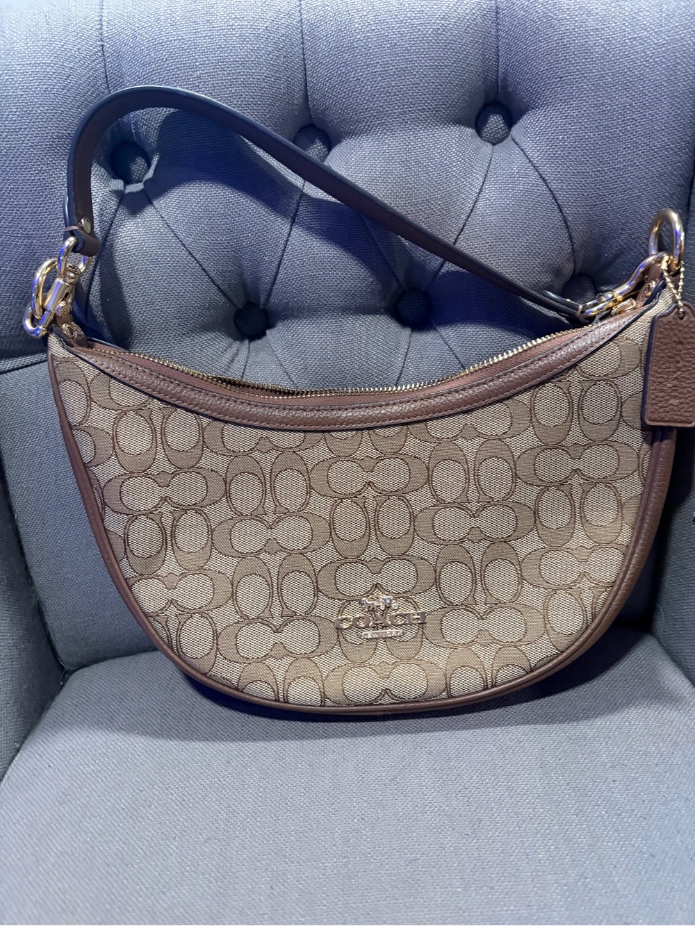 Coach Khaki Signature Crescent Shoulder Bag with Brown Trim - Picture 2 of 6